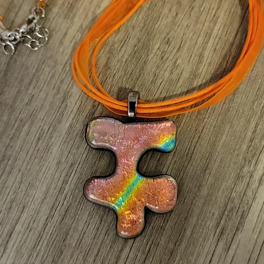 Autism Awareness Orange Multi Fused Glass Handmade Artisan Puzzle Pendant - Picture 4 of 7